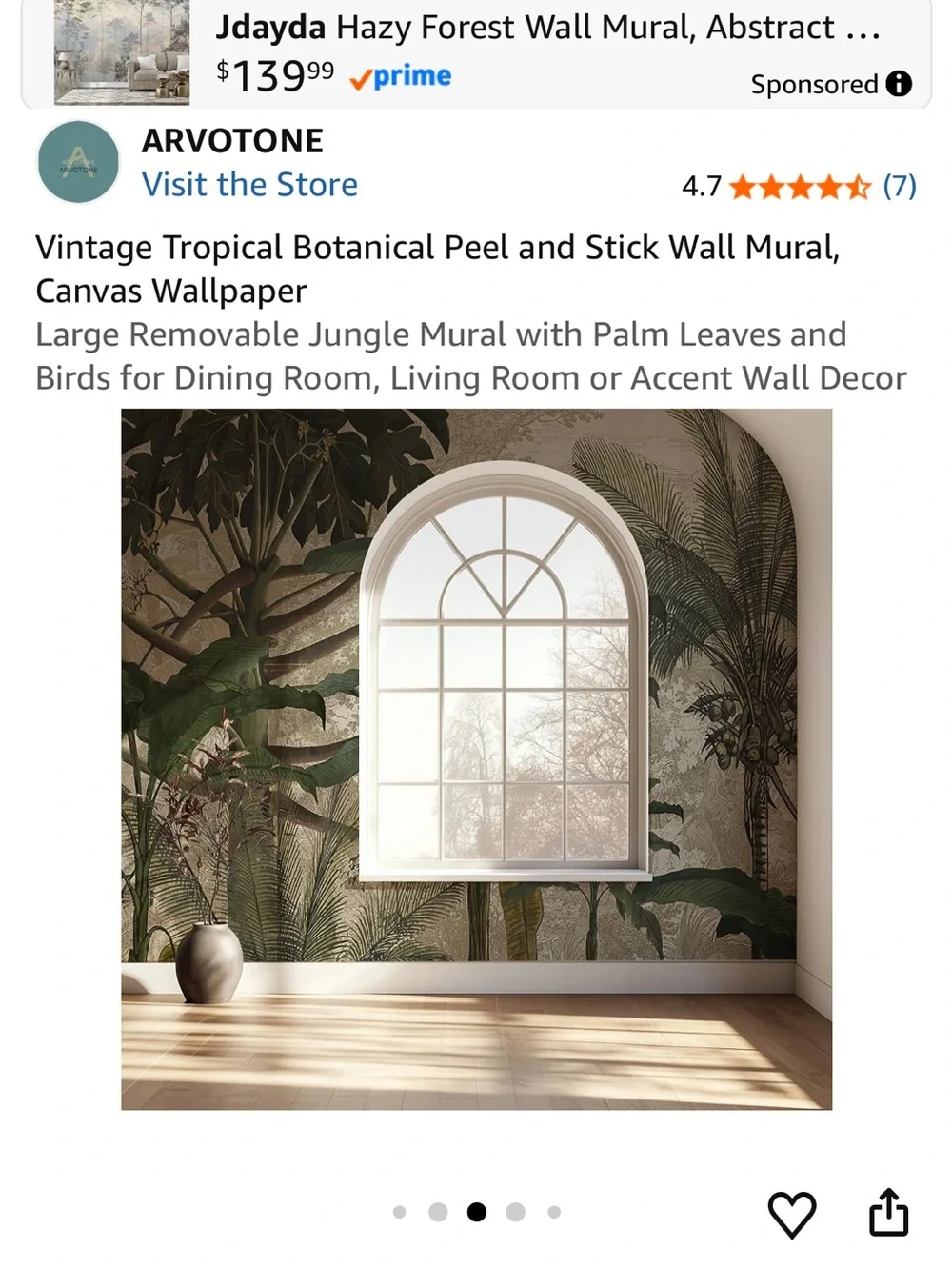 Brand New in Box Vintage Tropical Green Botanical Peel-and-Stick Wall Mural